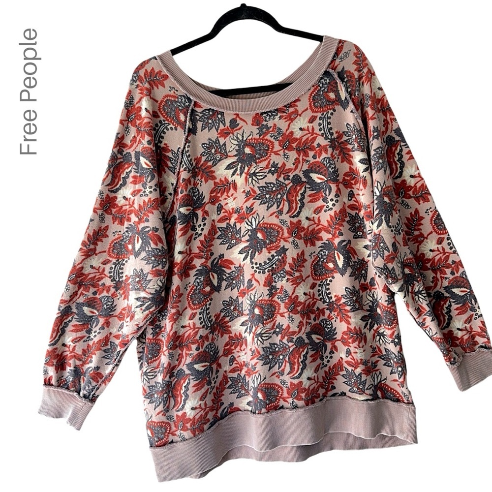 FREE PEOPLE NWOT GO ON GET FLORAL PULLOVER COTTON TERRY SWEATSHIRT OVERSIZED XS